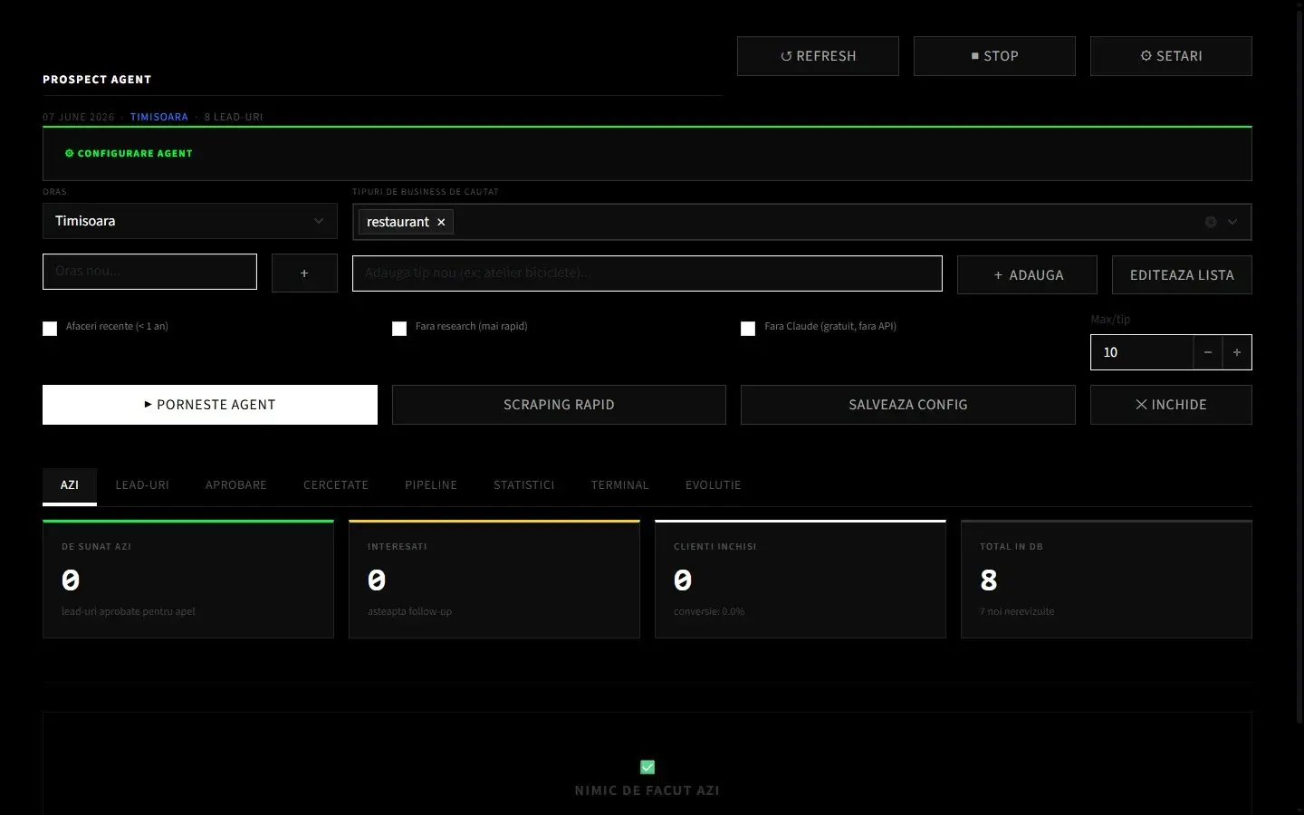 Dashboard: panoul de configurare (oraș, tipuri de business) și indicatorii zilnici