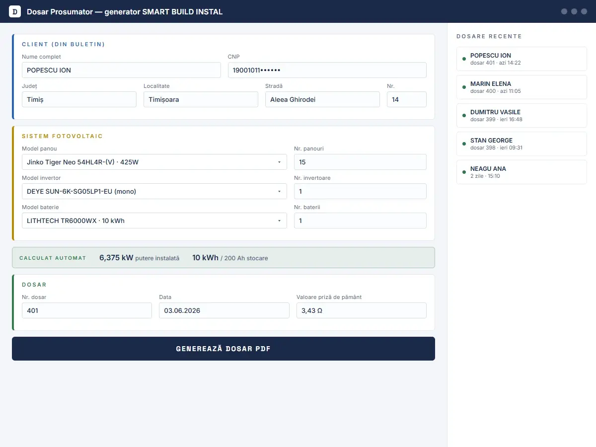 Interfata programului: formular cu datele clientului si ale sistemului, cu puterile calculate automat