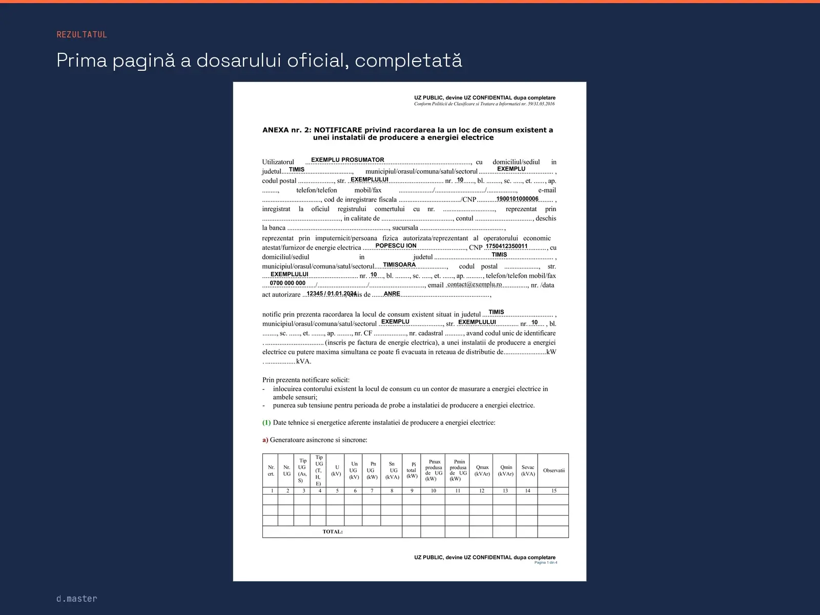 Prima pagina a dosarului oficial de prosumator, completata de program