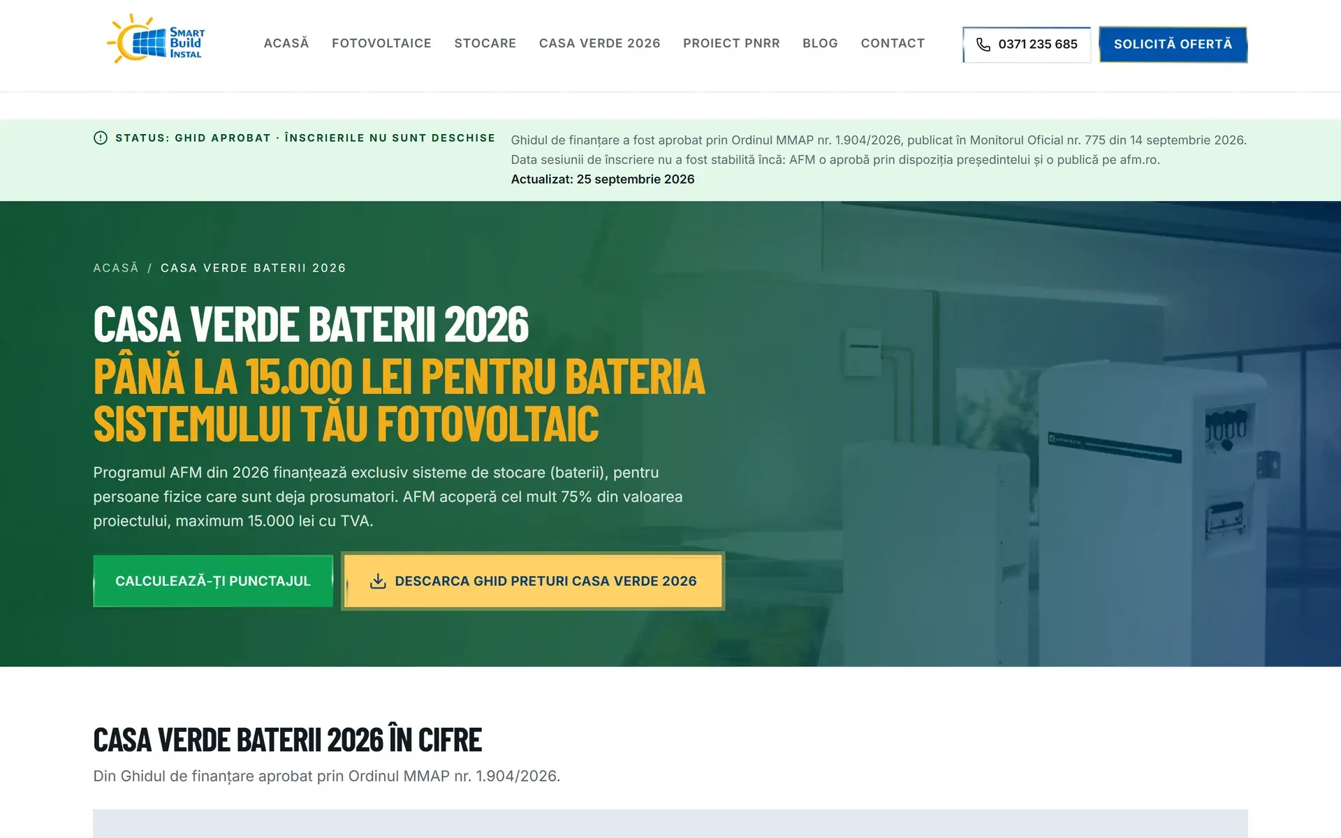Pagina Casa Verde Baterii 2026, cu bara de status a programului