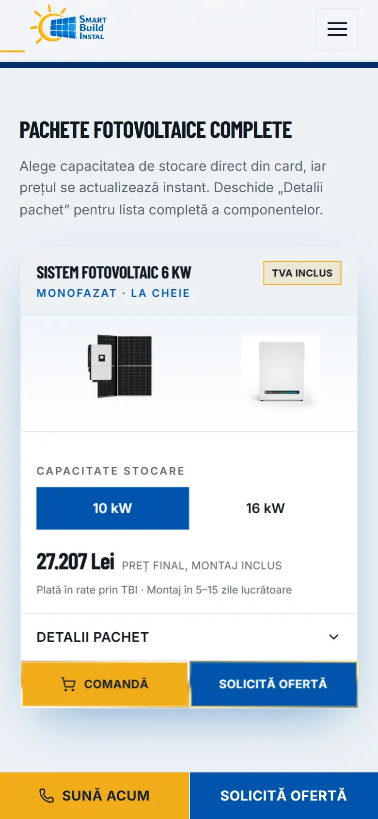 Cardul unui pachet fotovoltaic pe telefon, cu bara de apel fixă