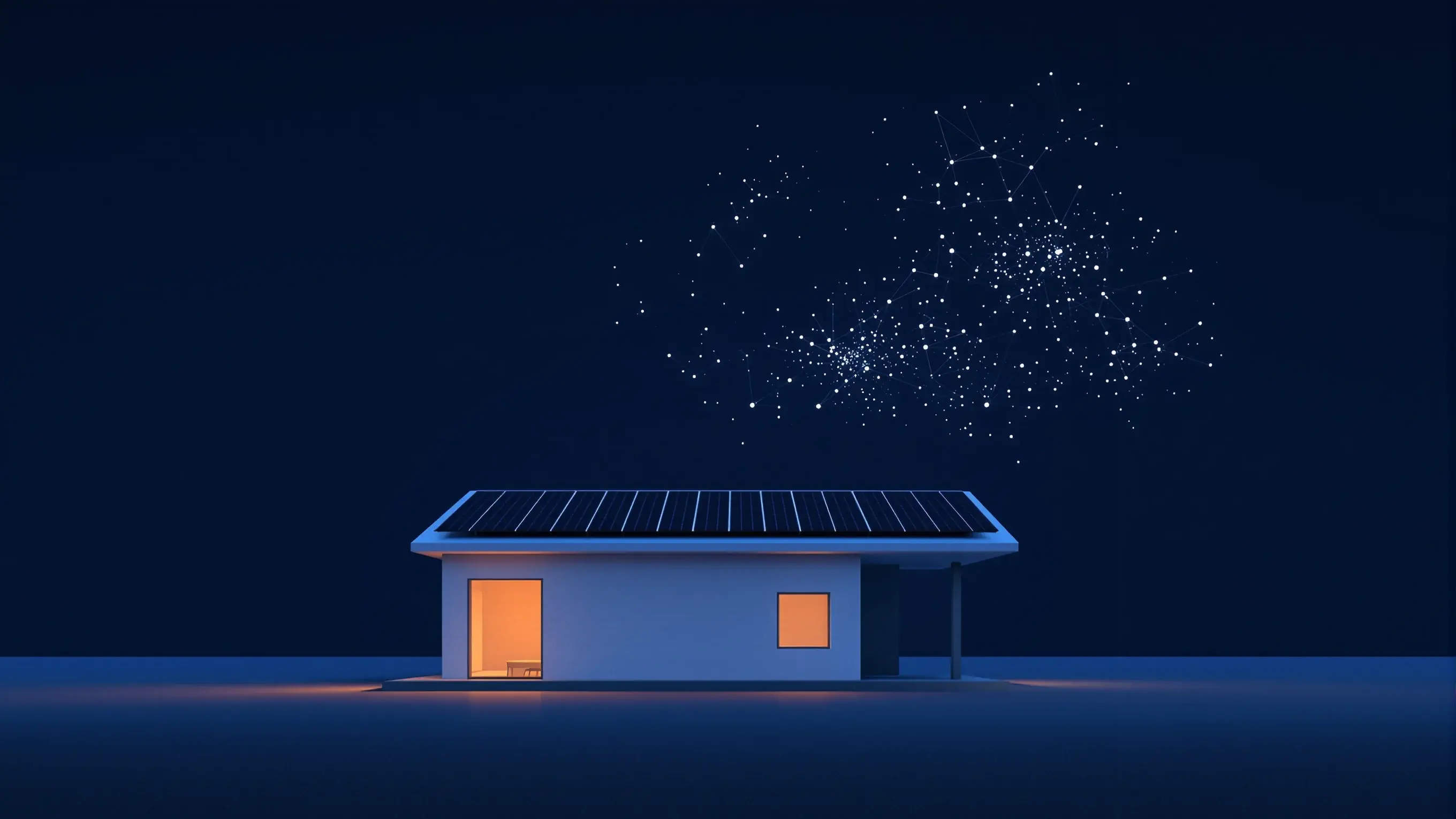 Ilustrație: o casă albă cu panouri fotovoltaice pe acoperiș, la ora albastră, cu o fereastră luminată portocaliu și o constelație de puncte albe legate deasupra