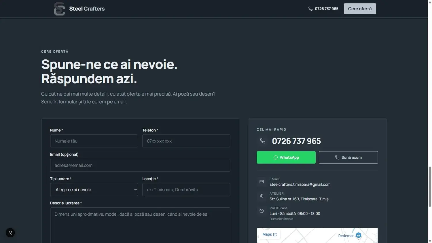 Formular de contact fără backend, plus WhatsApp și telefon la un click