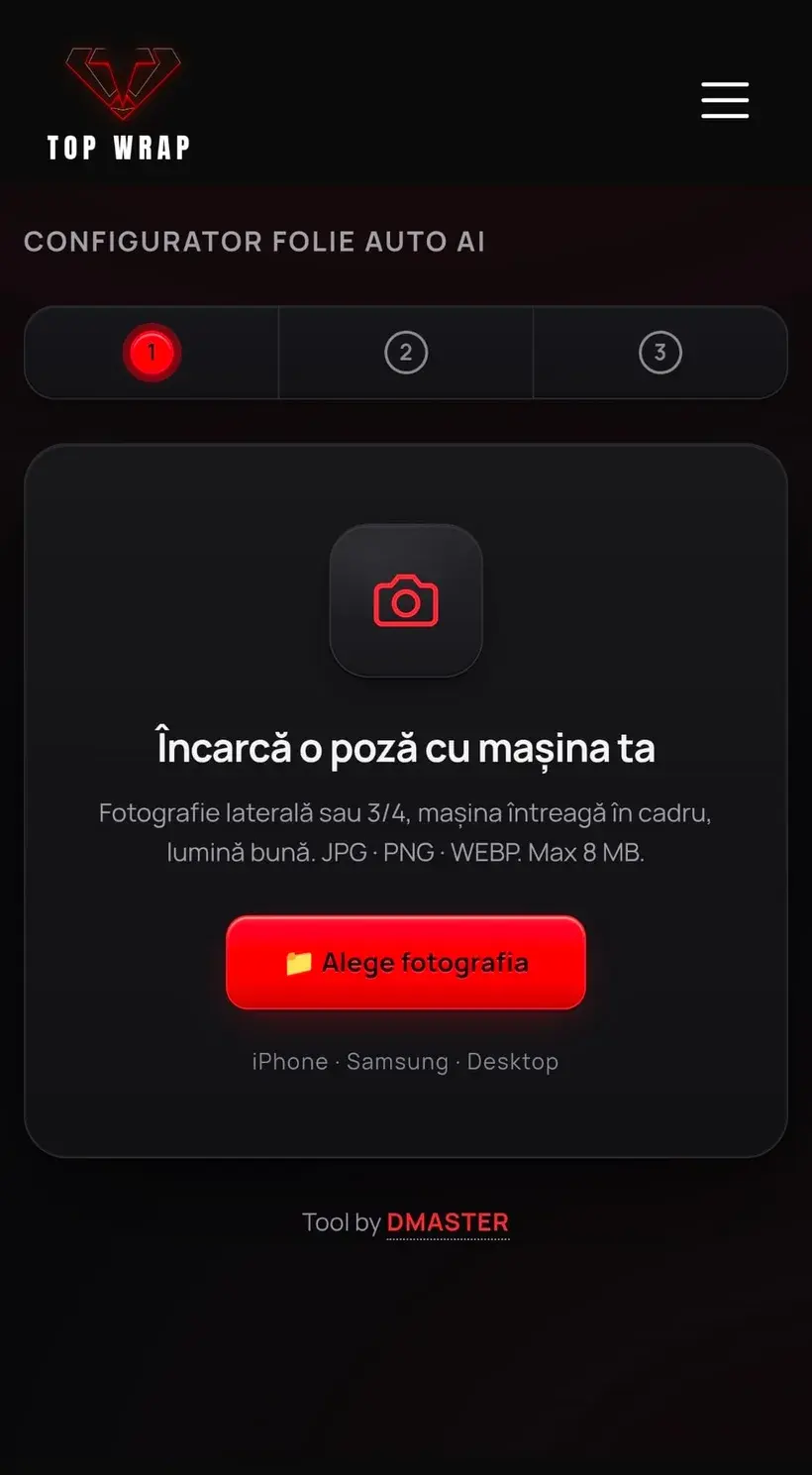 Configuratorul AI de folii pe mobil: pasul de încărcare a pozei
