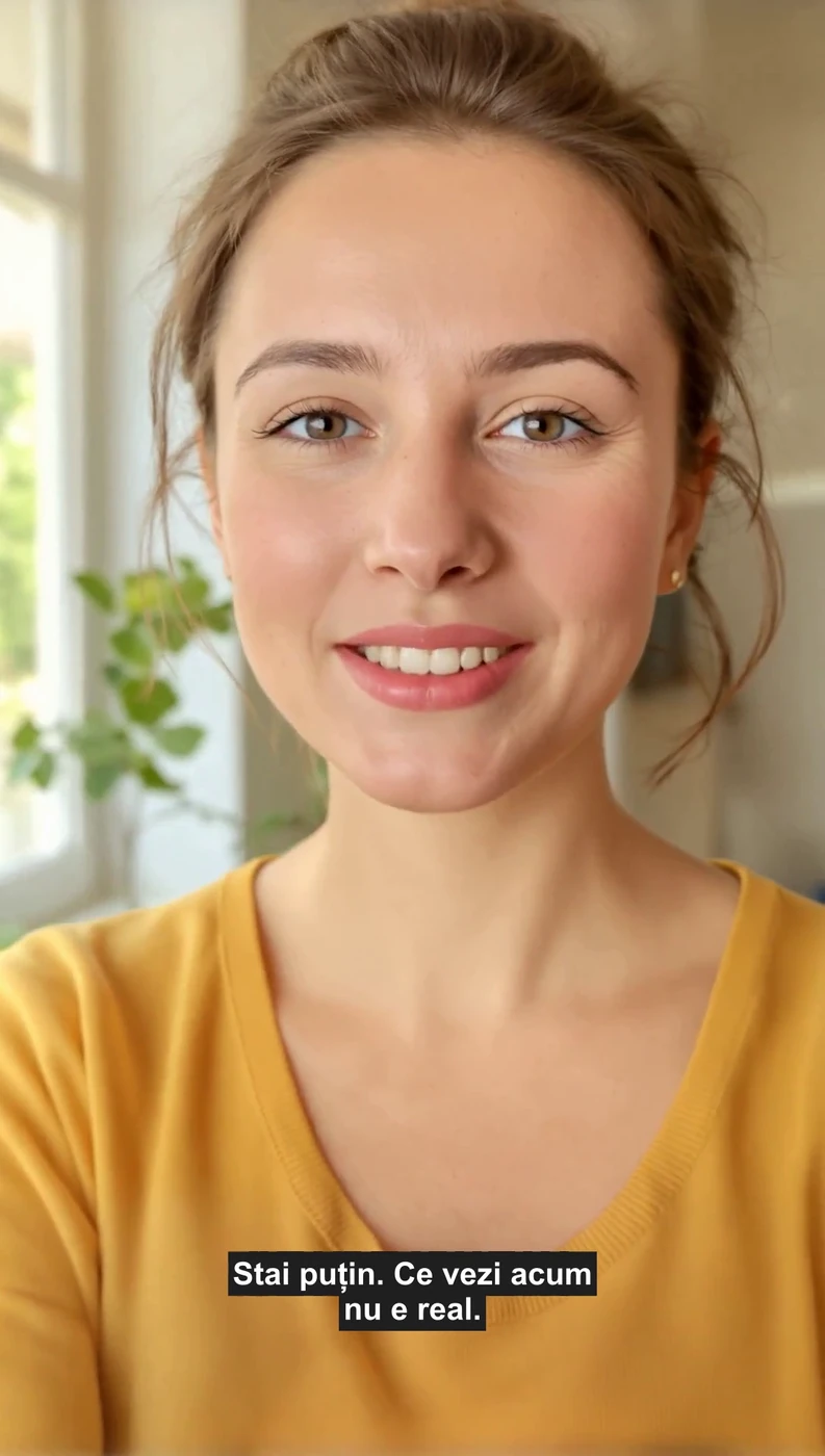 Cadru dintr-un clip vertical produs de program, cu subtitrarea scrisa peste imagine si cu diacritice romanesti corecte