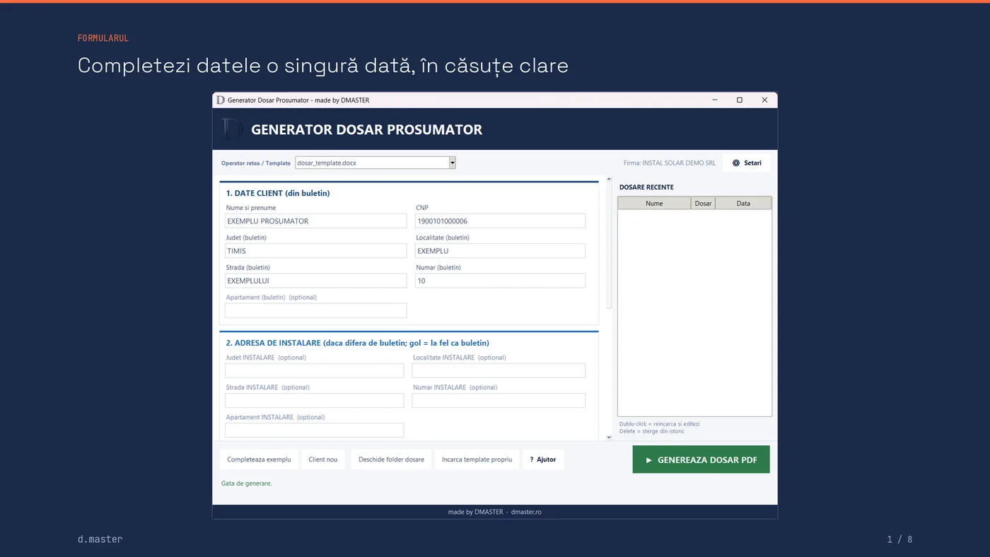 Formularul principal al programului, cu datele clientului completate și butonul verde de generare