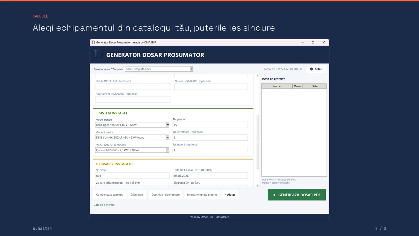 Alegerea panoului, invertorului și bateriei din catalogul propriu, cu puterile calculate automat