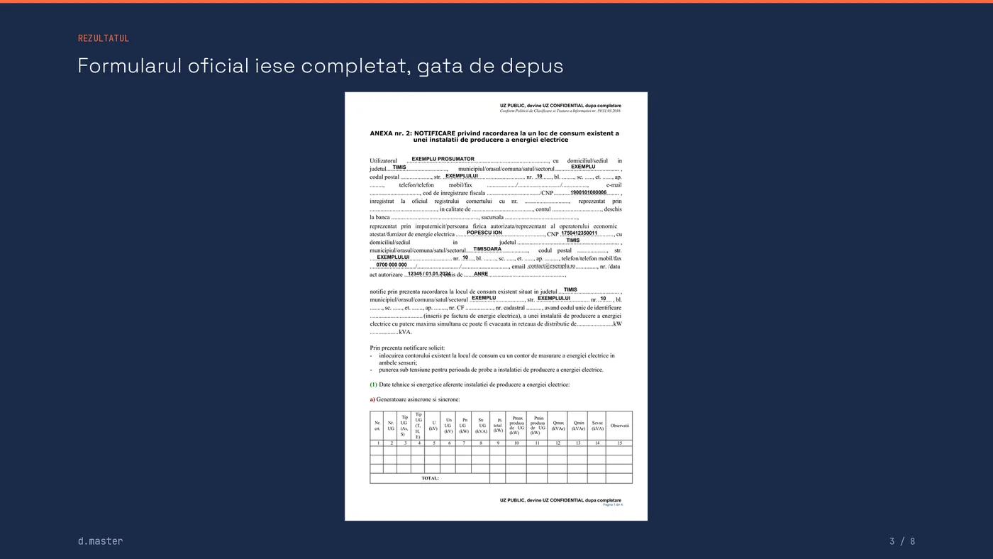 Prima pagină a dosarului oficial de prosumator, completată de program