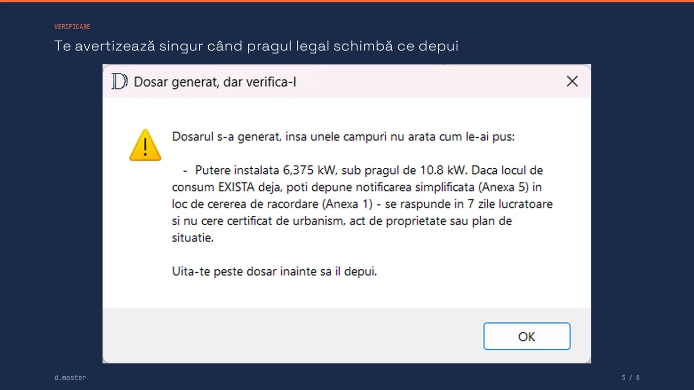 Programul avertizează că puterea instalată e sub pragul legal de 10,8 kW