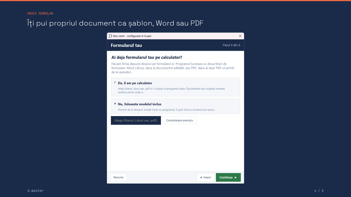 Pasul în care alegi dacă folosești propriul formular, Word sau PDF
